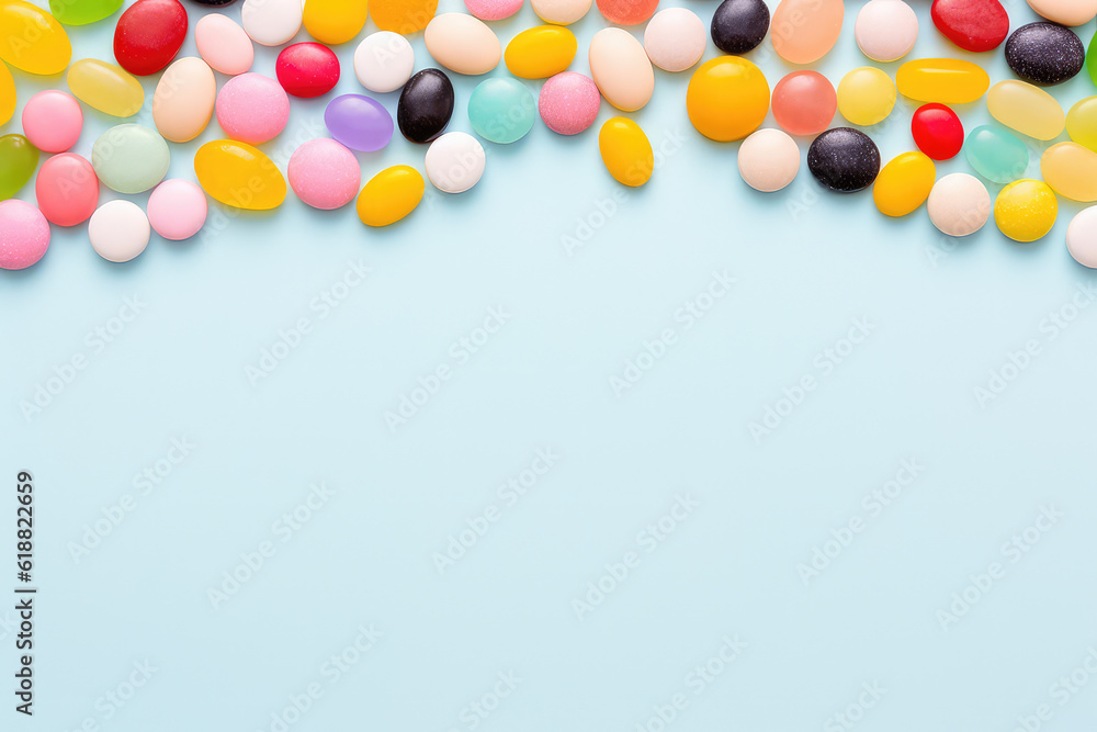 Top view lot of little round candy sweets isolated on a pastel blue background. Copy space for text, sweet candy banner template. Generative AI photo. Top view lot of little round candy sweets isolated on a pastel blue background. Copy space for text, sweet candy banner template. Generative AI photo.