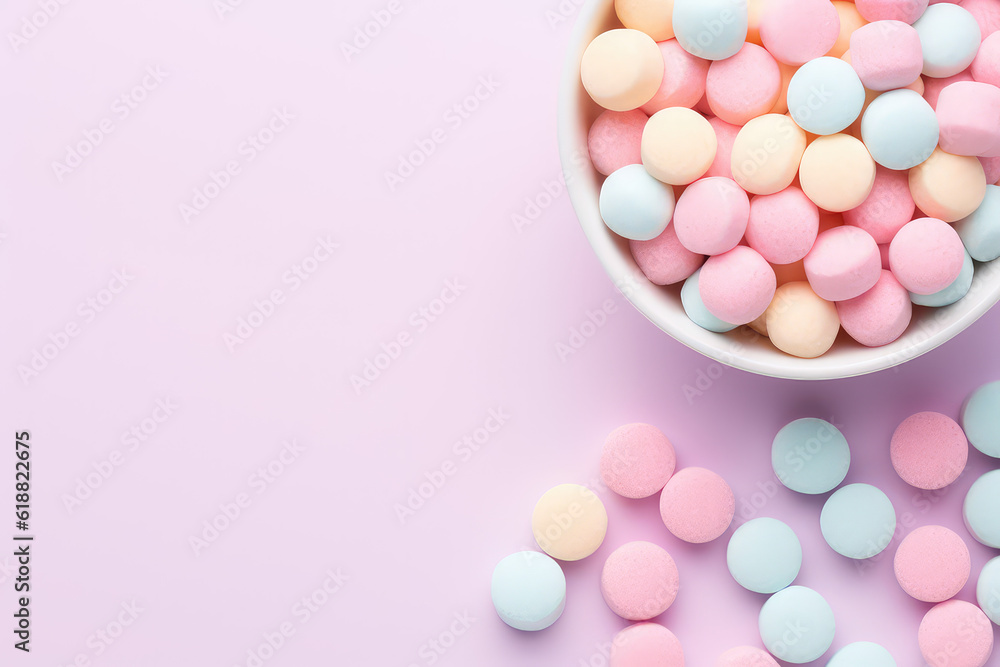 Top view lot of little round candy sweets isolated on a pastel pink background. Copy space for text, sweet candy banner template. Generative AI photo. Top view lot of little round candy sweets isolated on a pastel pink background. Copy space for text, sweet candy banner template. Generative AI photo.