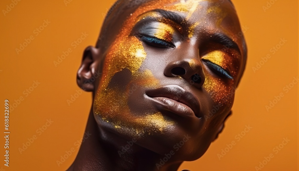 A handsome man with a golden glow on his face: a portrait of a man with closed eyes and a raised head. A handsome man with a golden glow on his face: a portrait of a man with closed eyes and a raised head.