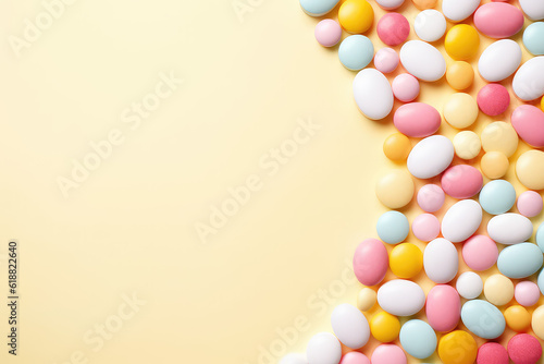 Top view lot of little round candy sweets isolated on a pastel yellow background. Copy space for text, sweet candy banner template. Generative AI photo.
