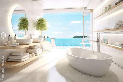 Luxury beach bathtub in hotel room in vacation relaxing time.