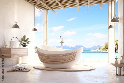 Luxury beach bathtub in hotel room in vacation relaxing time.