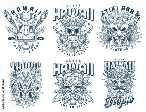 Hawaii mascots set emblems monochrome