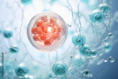 Beautiful Human stem cell generated with AI, 3D rendering ,microscope. Perfect template for you powerpoint, linkedin post, website, portfolio deck (Generated with AI)	