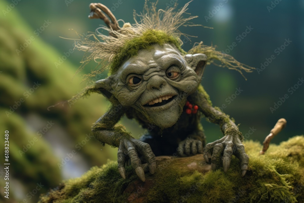 Troll creature in green magic forest. Generative AI 6three dimensional, realistic, portrait, funny, troll, creature, person, mythical creature, gnome, fantastic, character, nature, magic, green, fores - obrazy, fototapety, plakaty 