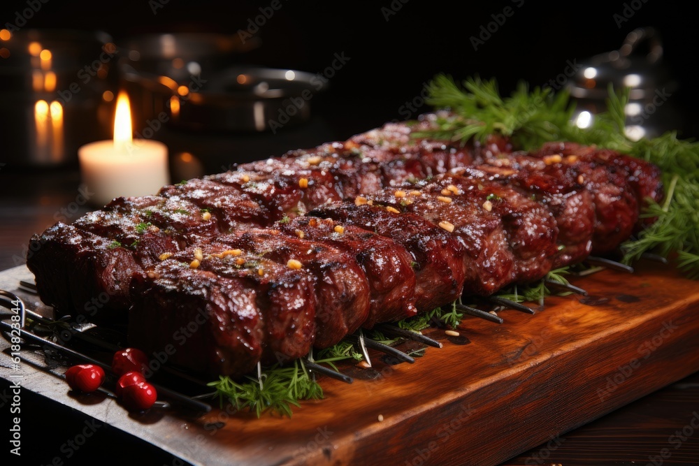 Meat kebab grilled on a grill grid. Generative AI Meat kebab grilled on a grill grid. Generative AI