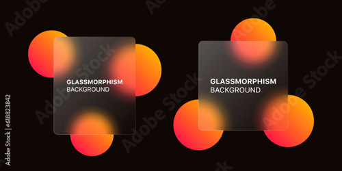 glassmorphism background banner with transparent glass frame template . Realistic Frosted glass morphism effect with blurred abstract gradient orange circle shapes. Vector illustration