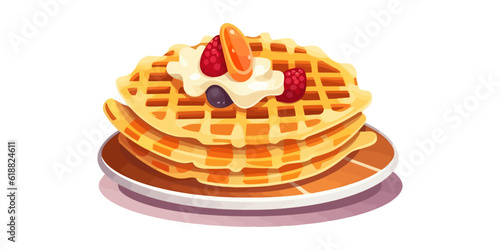 Stack of waffles with different berries and cream. Generated AI