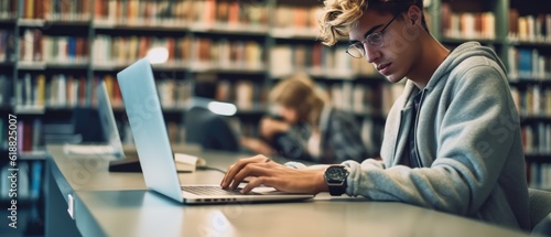 Young man student study in the school library. He using laptop and learning online, Generative AI