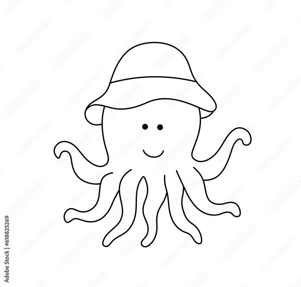 Vector isolated one single cute cartoon smiling octopus in panama hat colorless black and white contour line easy drawing Vector isolated one single cute cartoon smiling octopus in panama hat colorless black and white contour line easy drawing