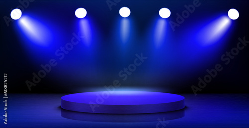 Empty interior with stage and shining projectors. 3d vector illustration