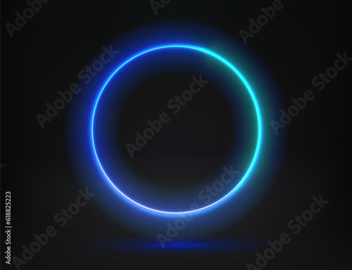 Abstract studio with glowing circle frame of neon light. 3d vector illustration