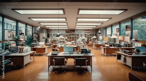 Fotografiet Interior of a 1950s American Office Space with Analog Technology, Wooden Desk, and File Cabinet - Celebrating Bygone Eras