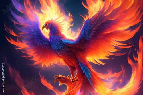 Resplendent Phoenix: Witness the awe-inspiring sight of a majestic phoenix soaring from vibrant flames, surrounded by ethereal hues © Pamoda