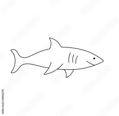 Vector isolated one single cute cartoon smiling shark side view colorless black and white contour line easy drawing
