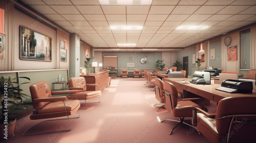 Office Space Work Area from the 1950s - American Business Environment with Vintage Desk and Old-Fashioned Office Supplies - A Peek into Professional History. Generative AI.