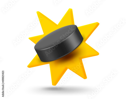 Ice hockey puck with explosion effect. 3d vector mobile application icon with notification