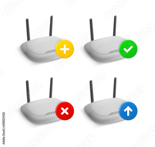 Wifi router icon set with different pictograms. 3d vector icons set