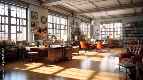 Time-Capsule Office Space from the 1950s with Authentic Wooden Furniture and Analog Clock - An American Corporate Period Piece. Generative AI.
