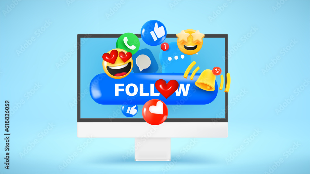 Modern computer with social media icons. 3d vector illustration Modern computer with social media icons. 3d vector illustration