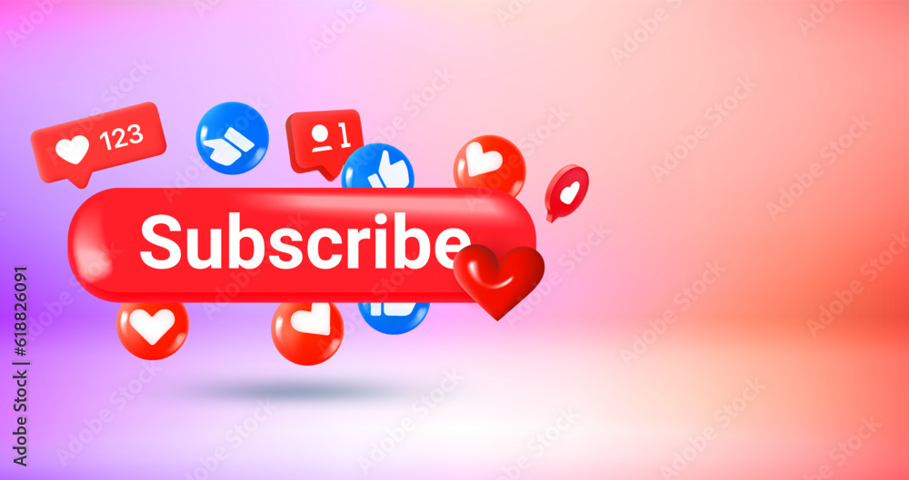 Social media icons and Subscribe button. Vector 3d banner with copy ...