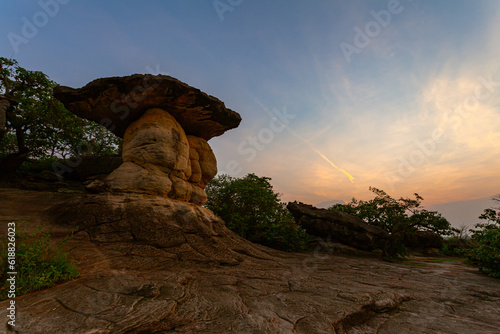 .scenery sunrise at weird shaped rock..These stones have been meticulously formed by nature to create a stunning visual masterpiece..The stones had been carved and shaped into incredible structures..