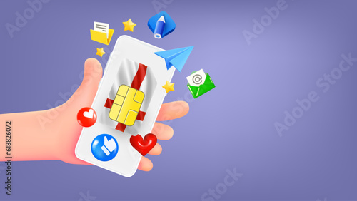 Man holding smartphone with England mobile operator SIM card and app icons. Safety concept. 3d banner with copy space