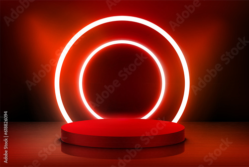 Interior with stage and shining projectors and neon. 3d vector illustration