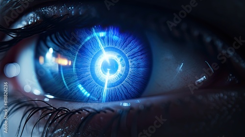 Eyesight Check-Up: Macro Shot of Blue Human Eye with Laser Rays for Vision Diagnosis, Disease & Correction Treatments. Generative AI