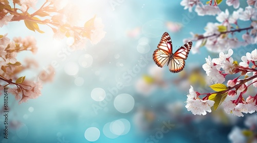 Fresh Abstract Nature Spring Background with Flowers, Butterflies, and Blue Sky - A Vibrant and Colorful Image of a Lush Spring Landscape in April or May. Generative AI
