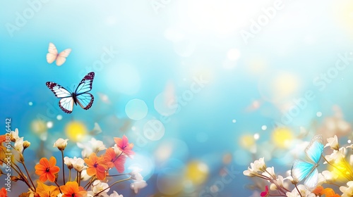 Fresh Spring Flower and Butterfly in Abstract Nature Background for April, May and Easter Design: Generative AI © Serhii