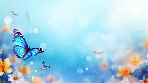 Fresh Spring Abstract Nature Background with Flowers, Butterfly and Sky - Perfect for April, May, and Easter. Generative AI