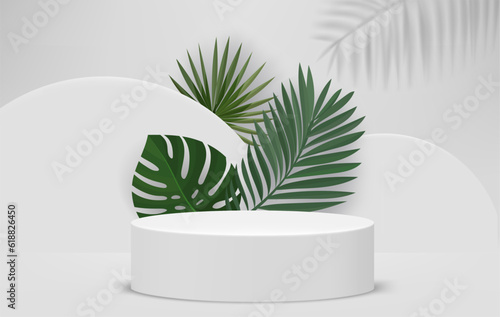 Bright interior with podium and green leaves. Eco friendly product showcase template. 3d vector background