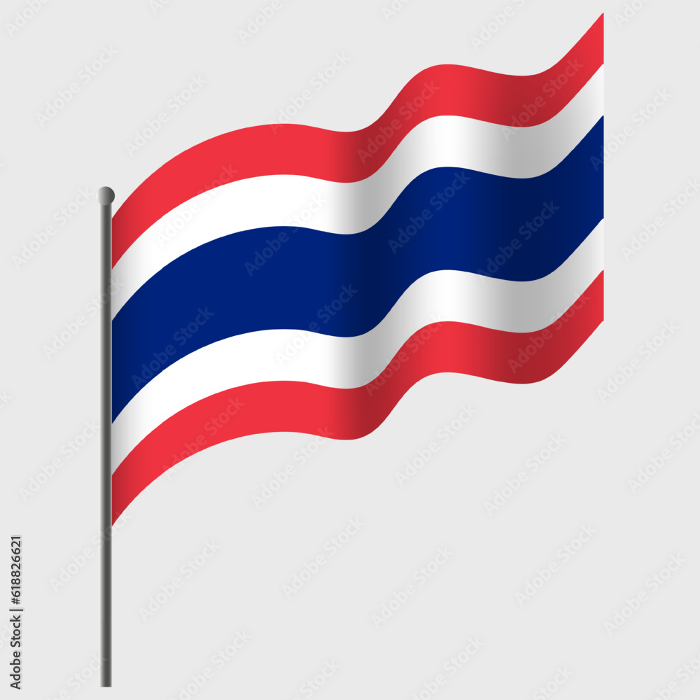 Waved Thailand flag. Thai flag on flagpole. Vector emblem of Thailand Waved Thailand flag. Thai flag on flagpole. Vector emblem of Thailand