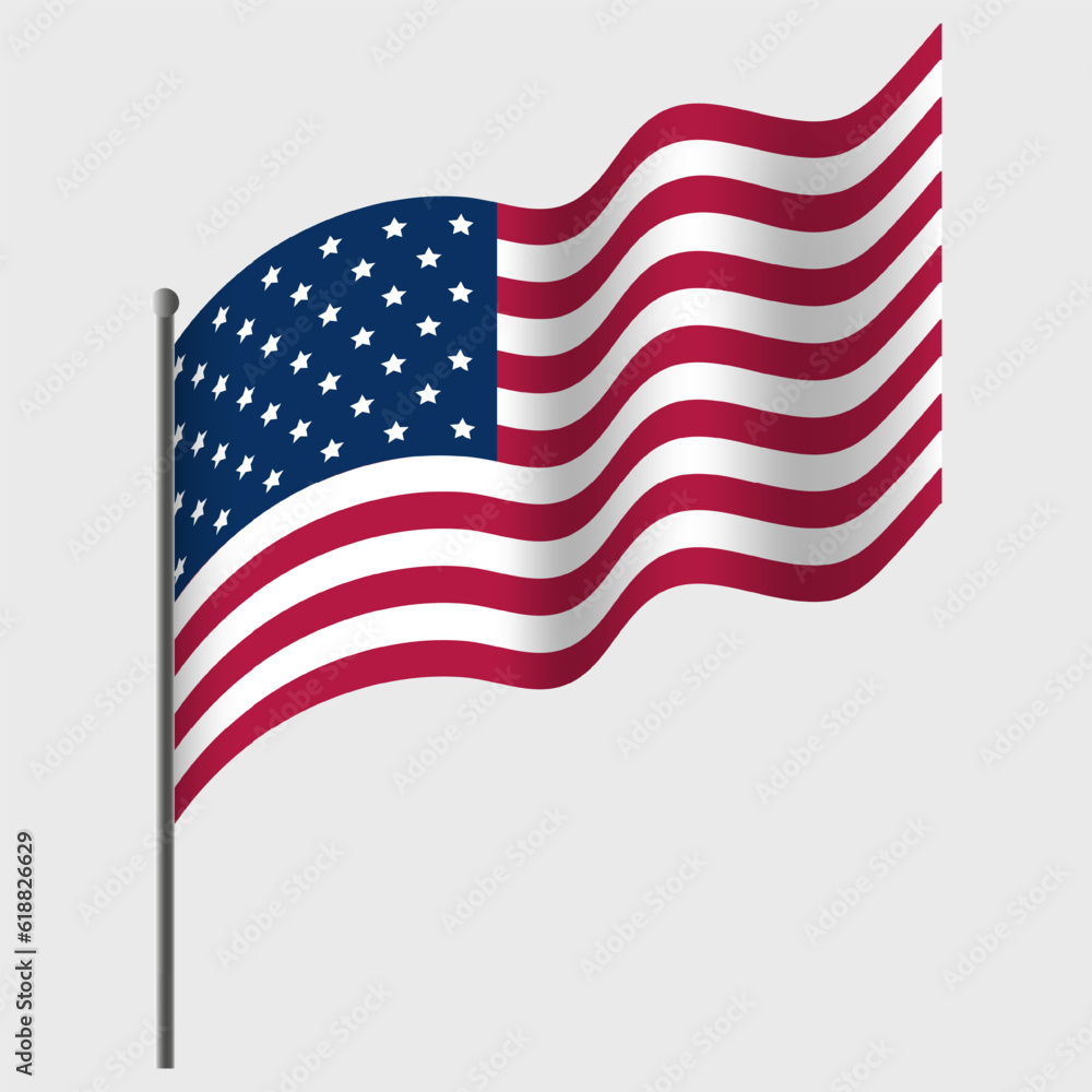 Waved USA flag. American flag on flagpole. Vector emblem of USA Waved USA flag. American flag on flagpole. Vector emblem of USA