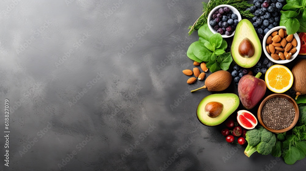 Healthy Eating: A Selection of Fresh Fruits, Leafy Vegetables, and Superfoods with Antioxidant Properties on Gray Concrete Background: Generative AI