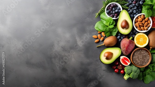 Healthy Eating: A Selection of Fresh Fruits, Leafy Vegetables, and Superfoods with Antioxidant Properties on Gray Concrete Background: Generative AI