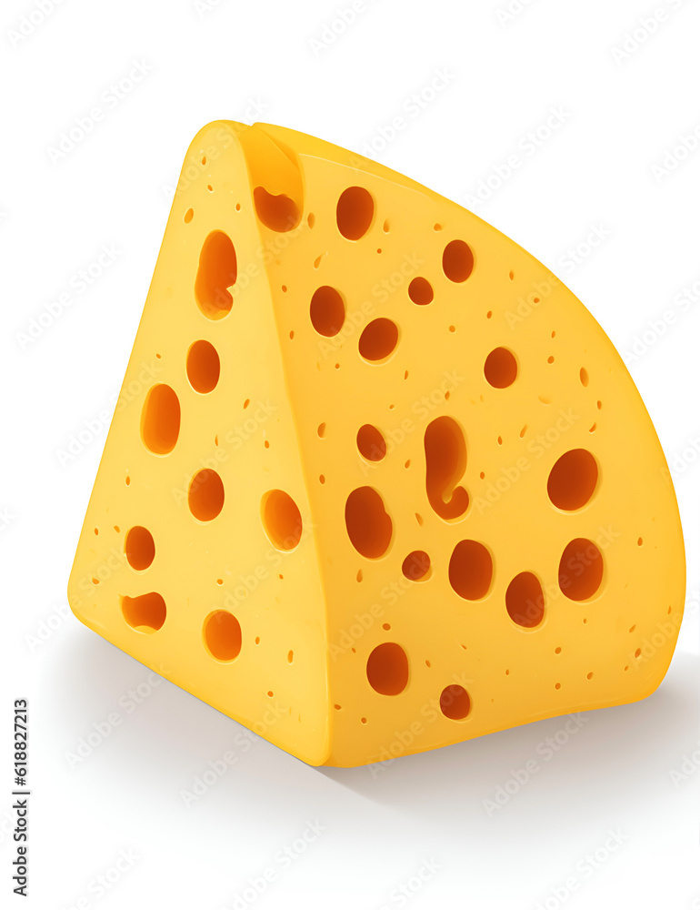 Fototapeta premium piece of yellow porous cheese food with holes - on white background illustration. Triangular piece of cheese. Dairy product Realistic.