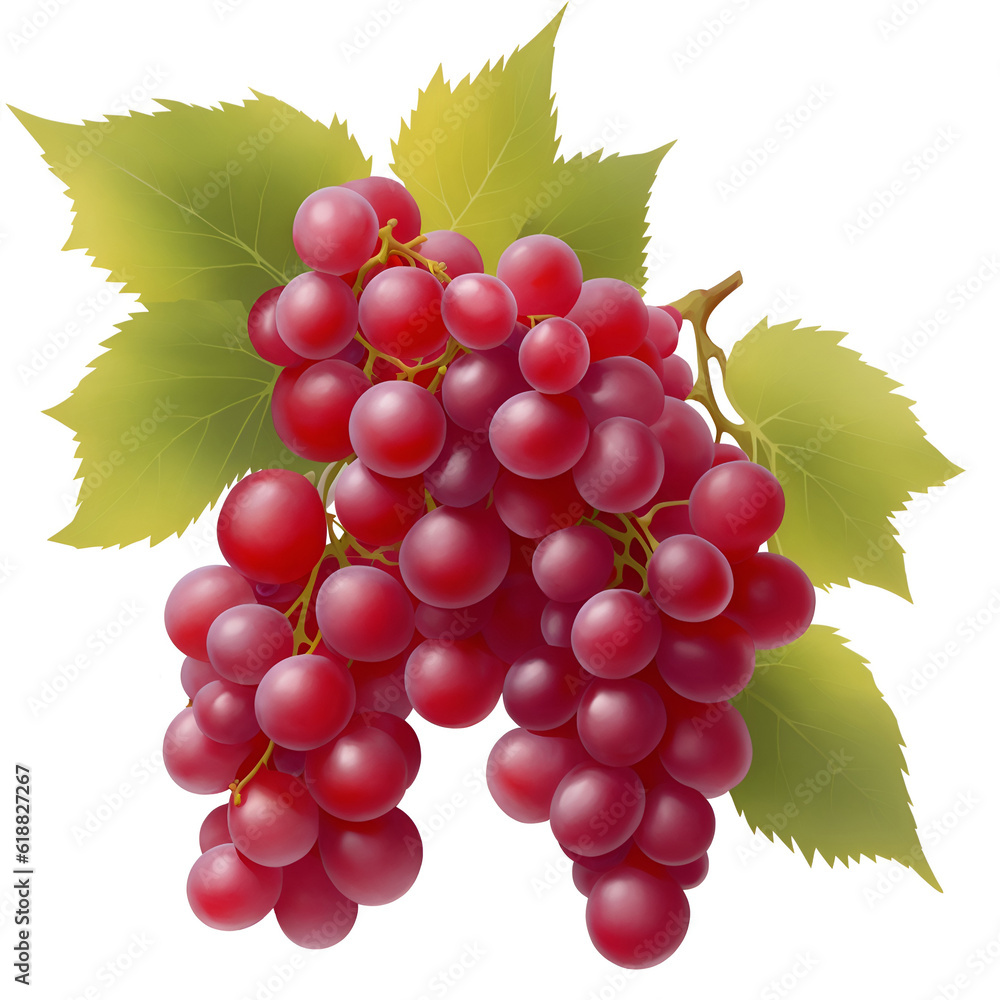 Fototapeta premium Red pink grape bunch icon set. Bunch of blue grapes decorated with leaves. illustration isolated on white background