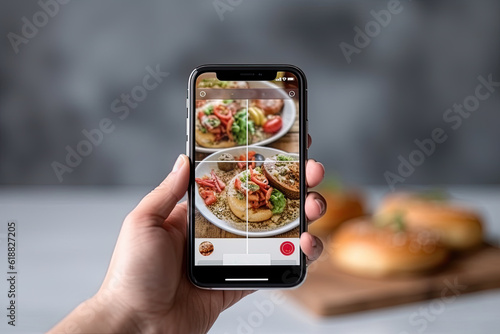 A hand holds a mobile phone displaying food products