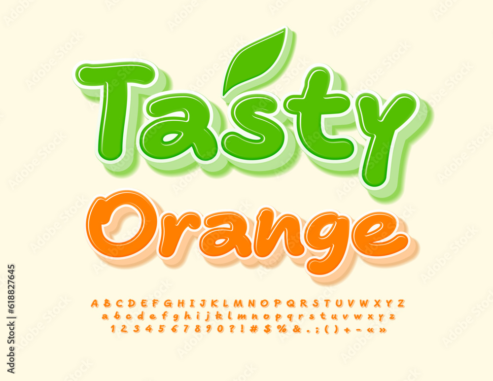 Fototapeta premium Vector creative Emblem Tasty Orange. Funny glossy Font. Handwritten Alphabet Letters and Numbers set