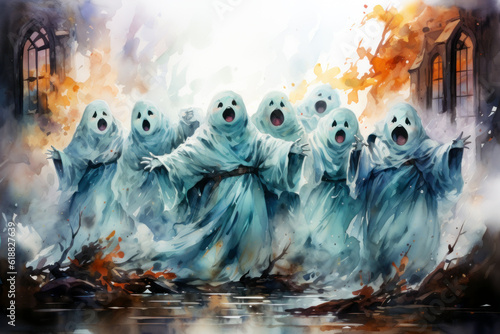 Singing ghosts halloween isolated watercolor generative ai