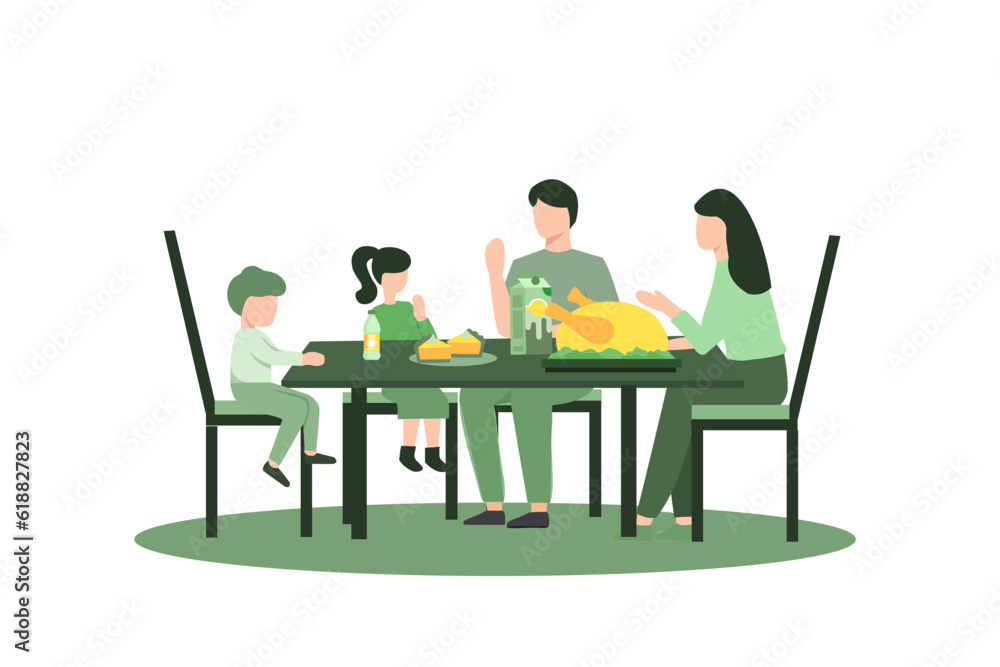 Cartoon Flat Vector Illustration Big Family Thanksgiving Celebration Dinner Around Table with Food. Happy People Eating Meal and Talking Together, Cheerful Characters Group During Festive Lunch.
