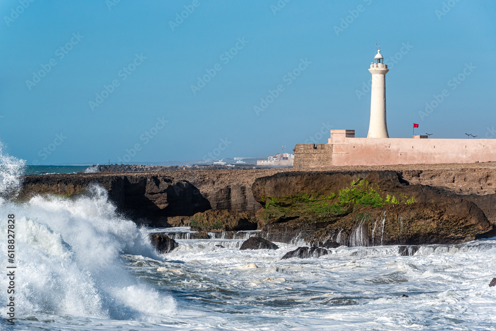 The lighthouse of Rabat in Morocco during stormy sea