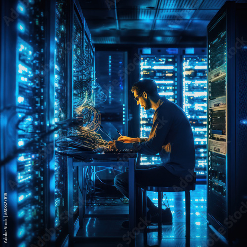 Cutting-edge Vision: Tech Guru in Futuristic Data Center Utilizing Laptop Amidst Warehouse, Streamlined Digitalization with Server-Based Information. SAAS, Cloud Computing, Web Service Empowered