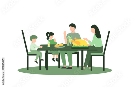 Cartoon Flat Vector Illustration Big Family Thanksgiving Celebration Dinner Around Table with Food. Happy People Eating Meal and Talking Together  Cheerful Characters Group During Festive Lunch.