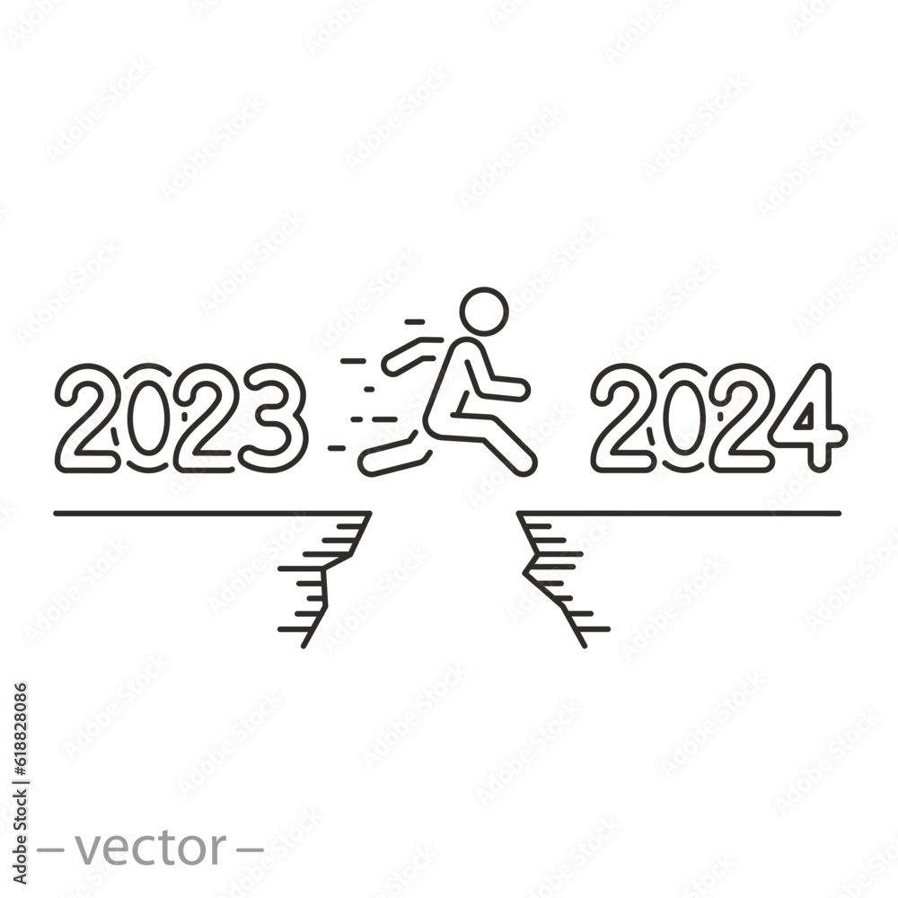 2023 challenge, icon, happy man jump, success vision in new year 2024, future plan business goal