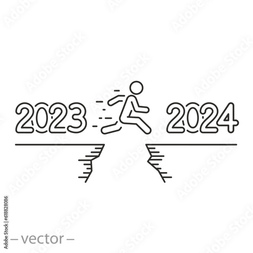 2023 challenge, icon, happy man jump, success vision in new year 2024, future plan business goal, forward to the future, thin line symbol on white background - editable stroke vector illustration