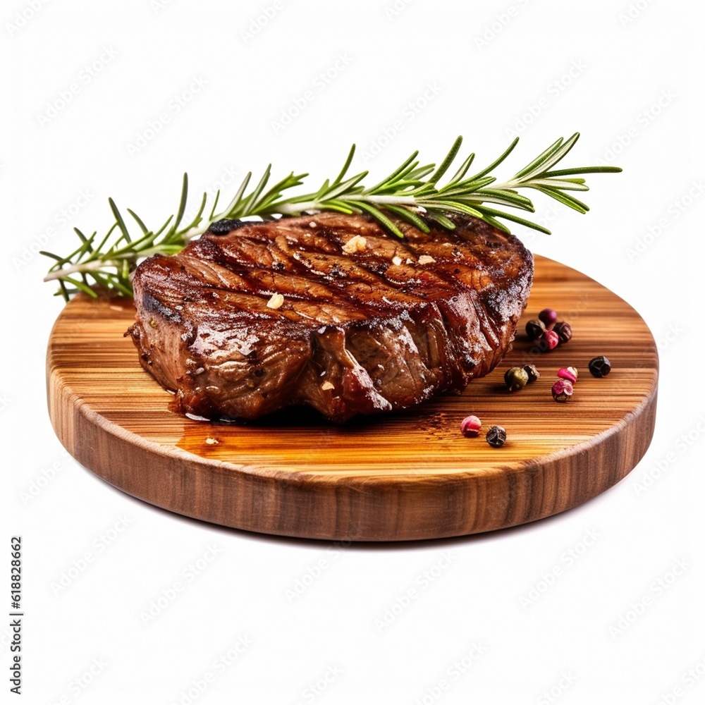 Grilled beef steak on wooden board with rosemary 