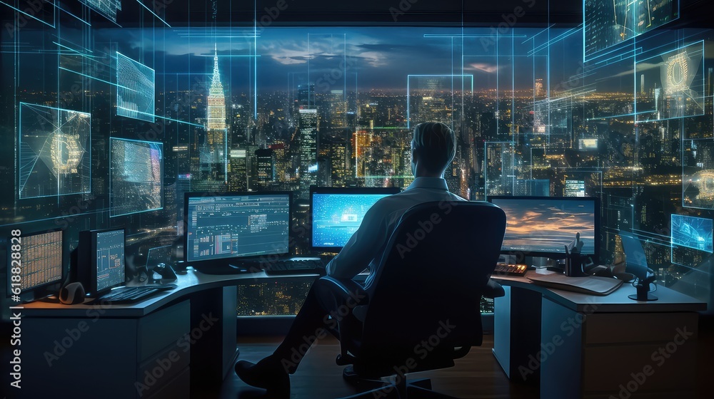Businessman working in the office photo realistic illustration - Generative AI. Businessman working in the office photo realistic illustration - Generative AI.